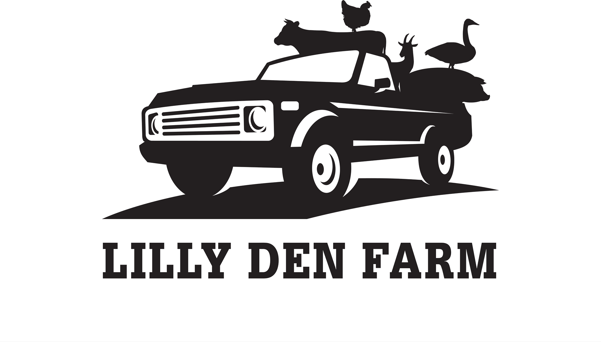 Lilly Den Farm Black Logo - Pickup truck with animals in back and uppercase serif type below