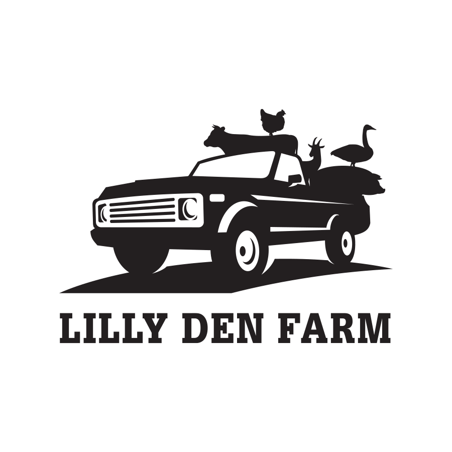 Lilly Den Farm Black Logo - Pickup truck with animals in back and uppercase serif type below