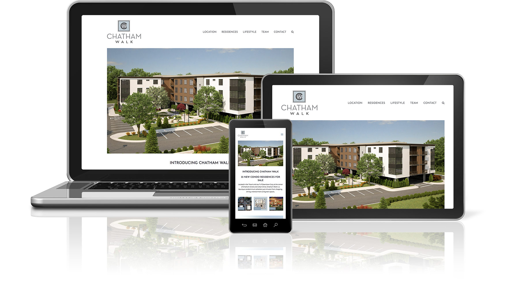 Chatham Walk Website - Desktop, Tablet, and Smartphone devices with website on screens