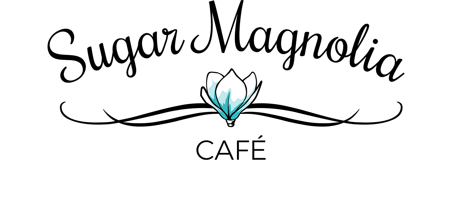 Sugar Magnolia Cafe Logo - Script type over illustration of turquoise magnolia bloom and sans-serif type at bottom