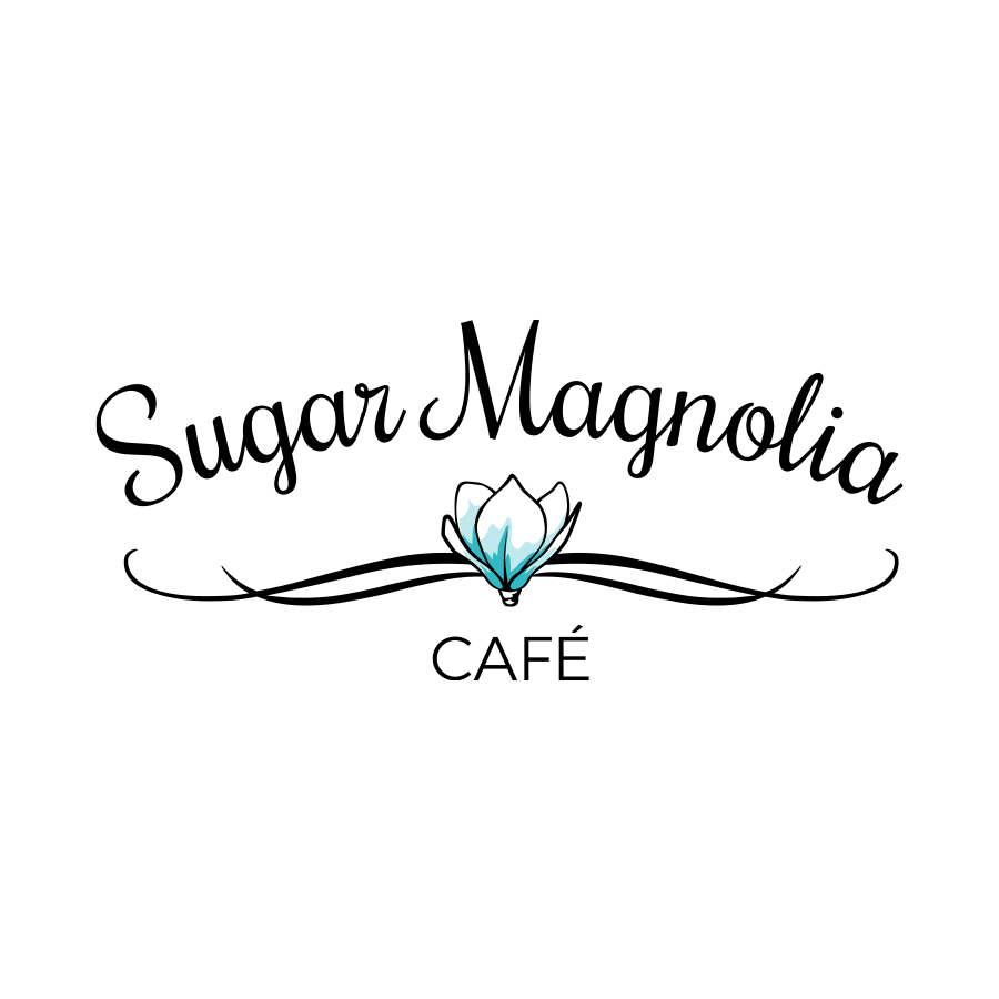 Sugar Magnolia Cafe Logo - Script type over illustration of turquoise magnolia bloom and sans-serif type at bottom