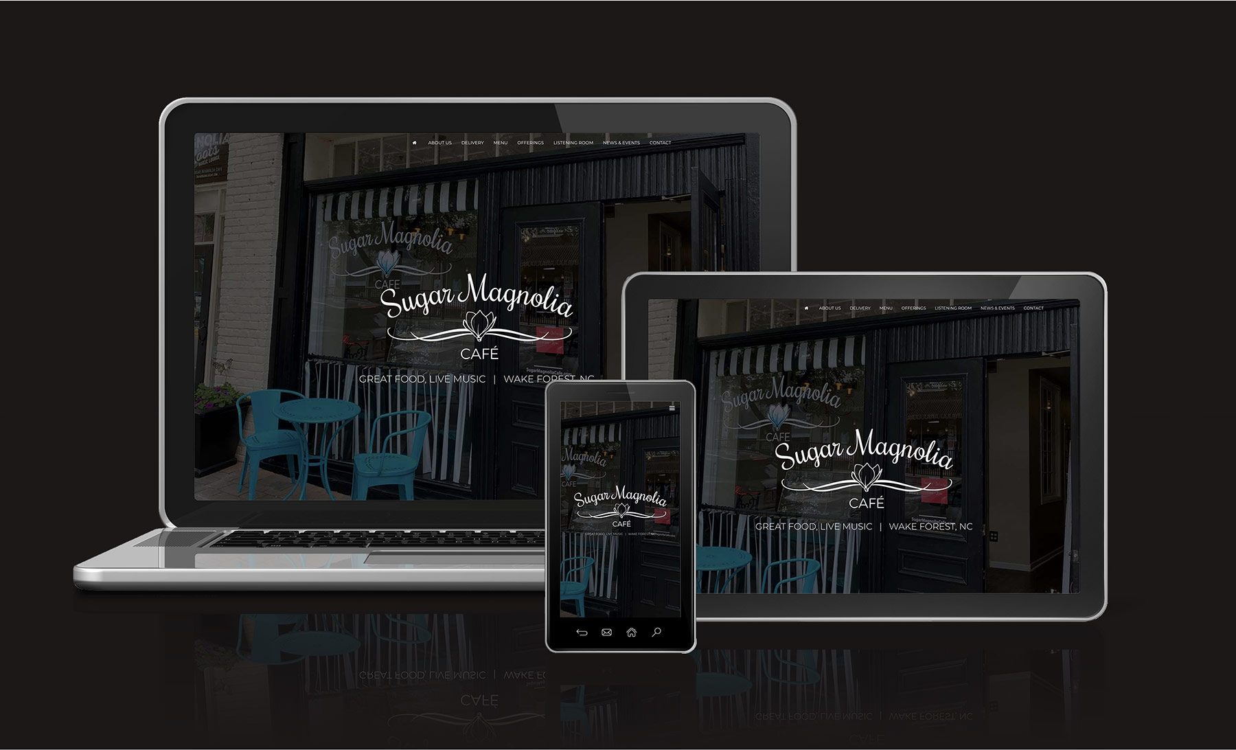 Sugar Magnolia Cafe Website - Desktop, Tablet, and Smartphone devices with website on screens