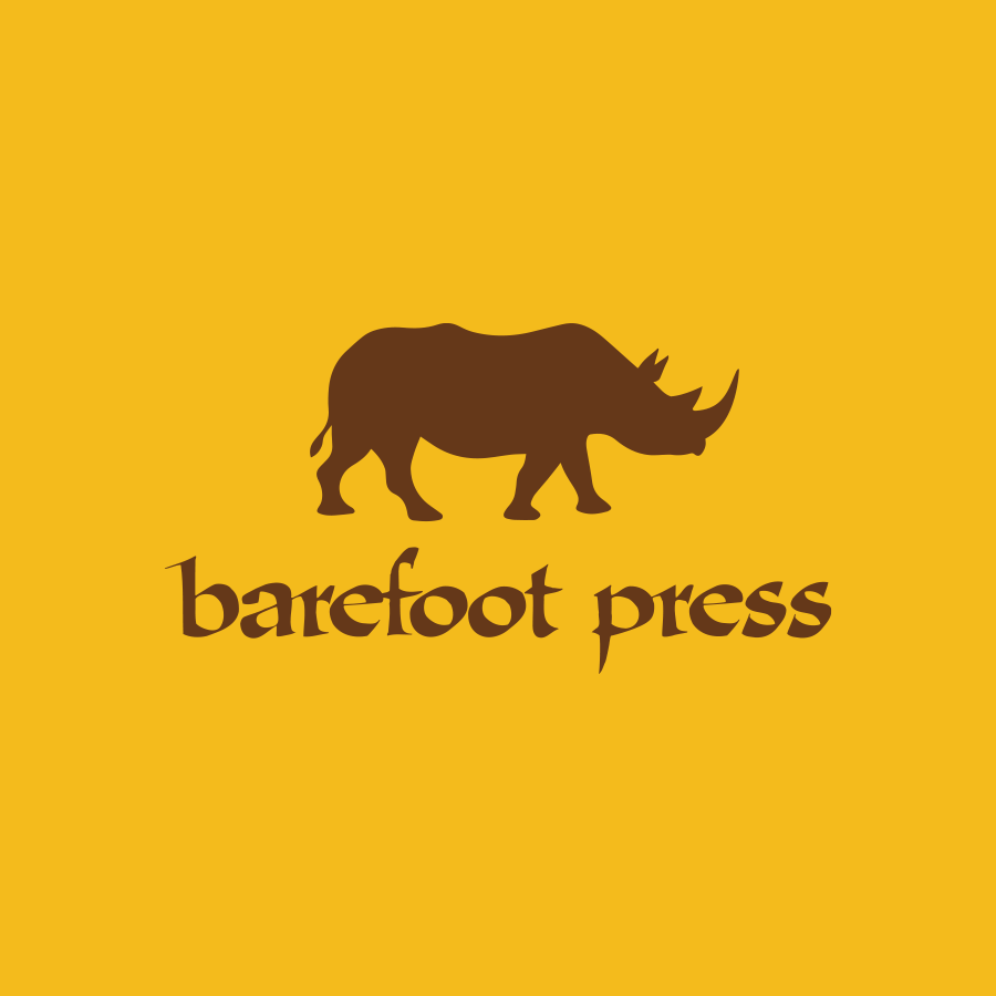 Barefoot Press Logo - Dark brown serif type with Rhinoceros icon above over yellow background