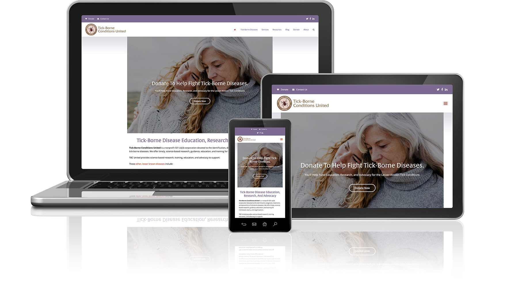 Tick-Borne Conditions United Website - Desktop, Tablet, and Smartphone devices with website on screens