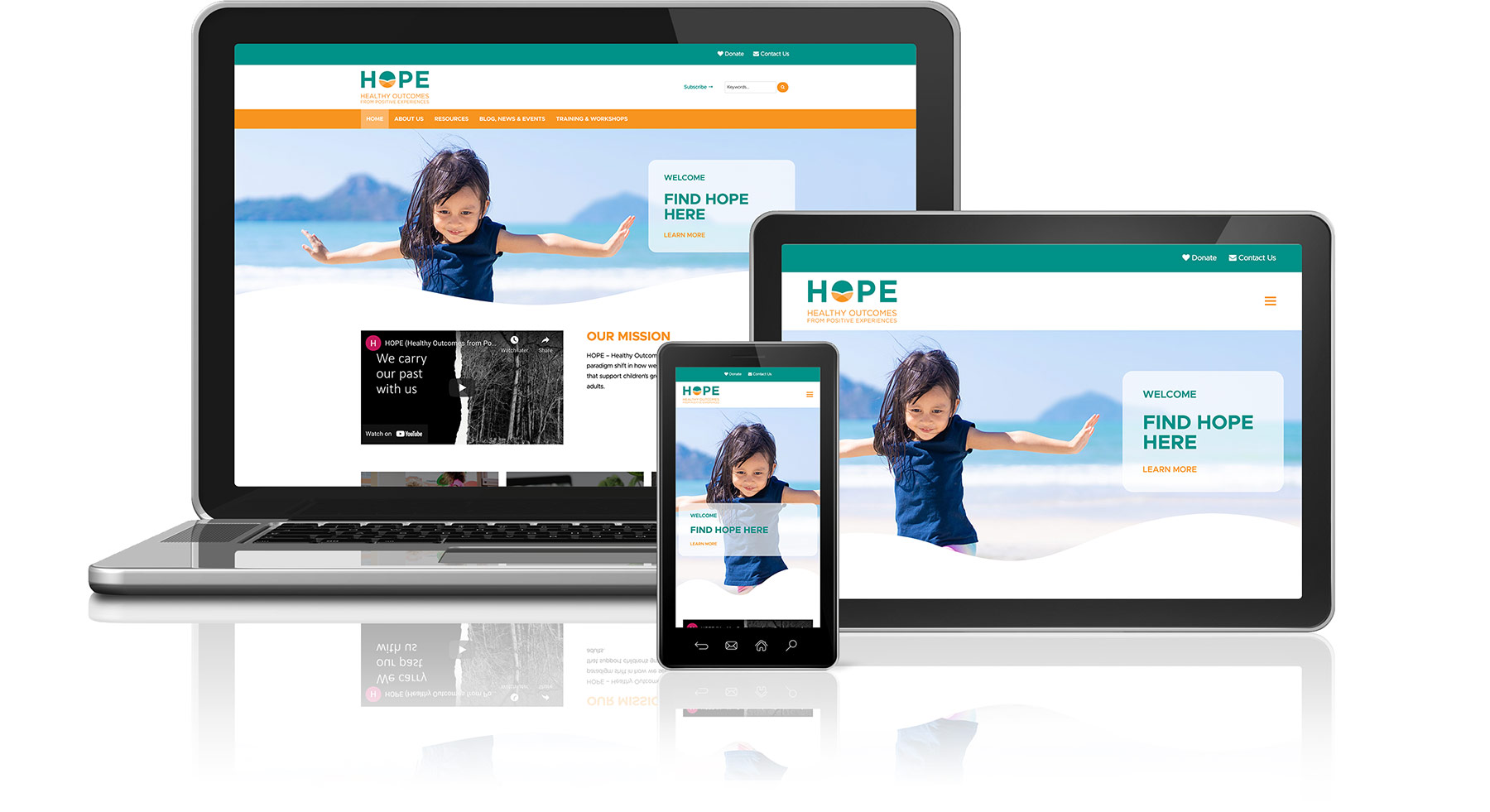 Tufts Hope Website - Desktop, Tablet, and Smartphone devices with website on screens