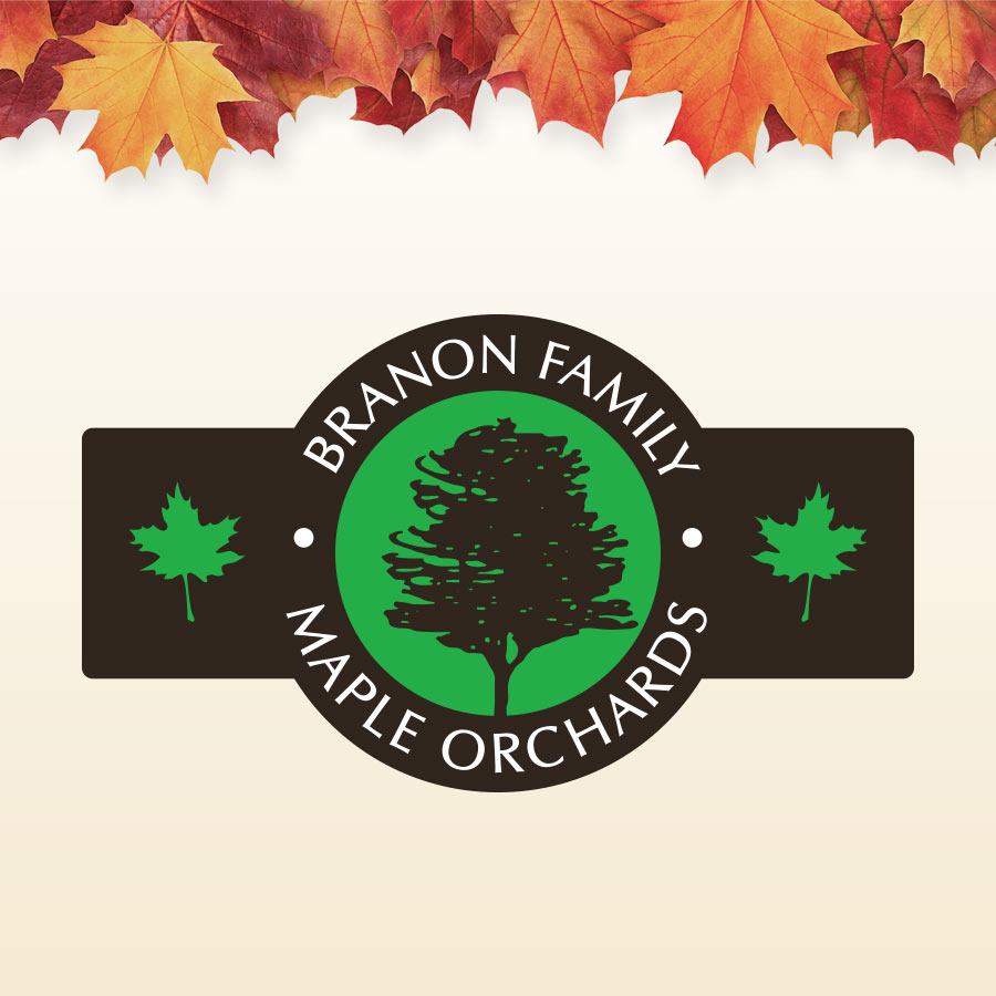 Graphic showing Branon Family Maple Orchards logo over cream gradient with fall maple leaves above