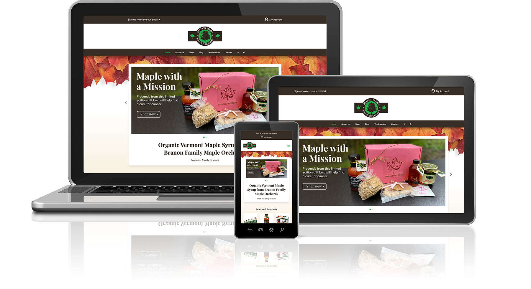 Graphic showing Branon Family Maple Orchards website on laptop, tablet, and smart phone