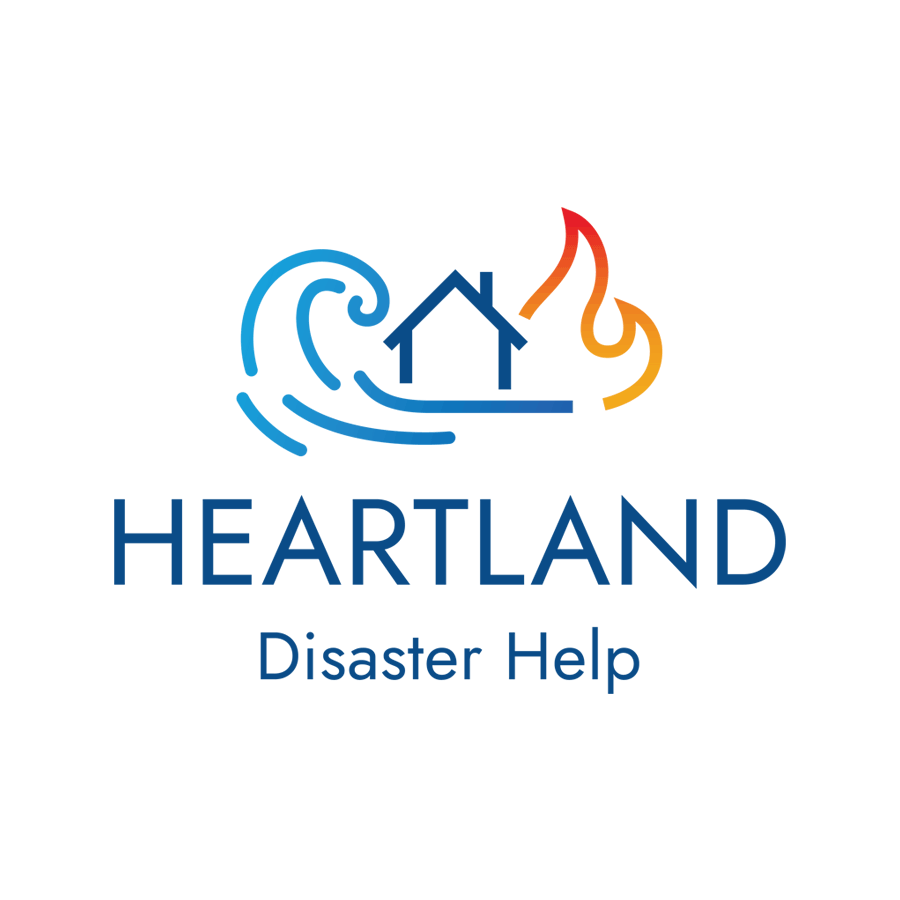 Heartland Disaster Help Logo - Flood and wildfire surrounding a house with dark blue sans-serif type