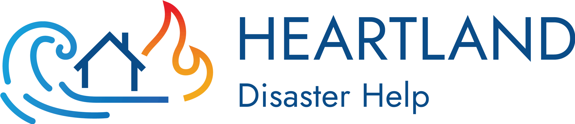 Heartland Disaster Help Logo - Flood and wildfire surrounding a house with dark blue sans-serif type