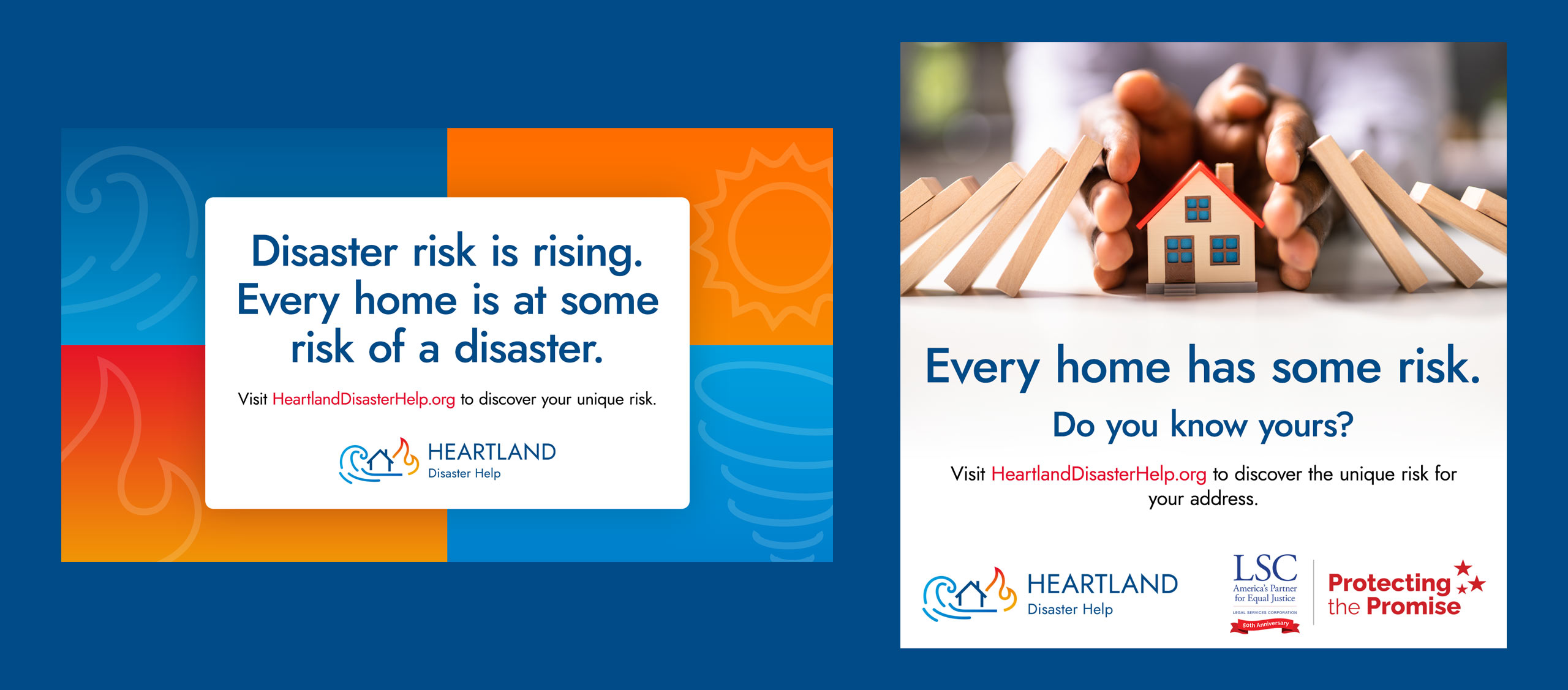 Heartland Disaster Help social media graphics on blue background