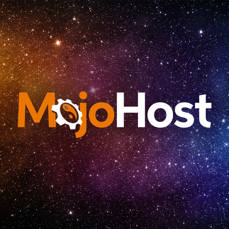 Mojo Host Logo - Orange and white sans-serif type with cog and yin yang symbol as letter o in Mojo over photo of the starry universe with overlaying full color spectrum