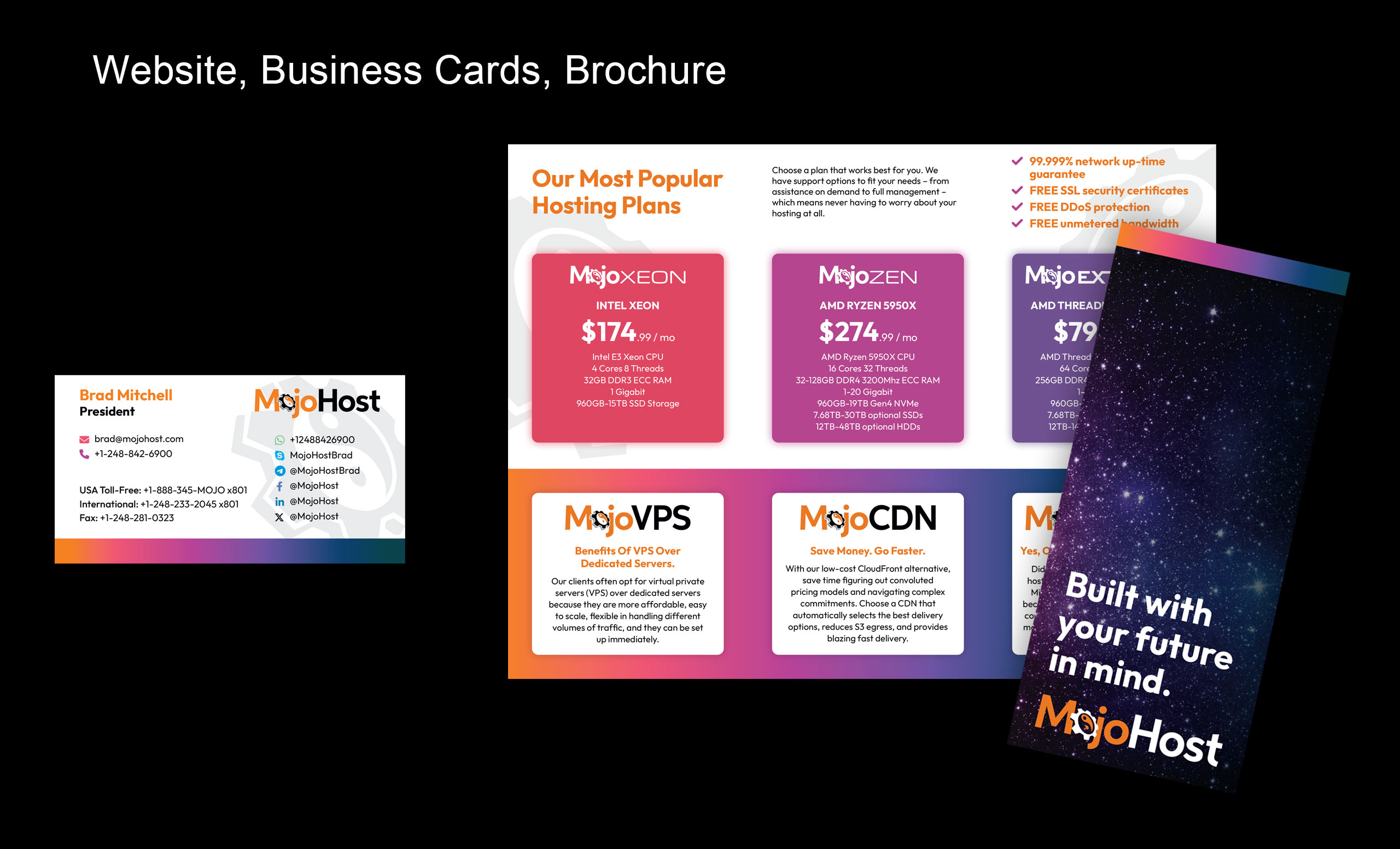 Business card layout and brochure over black background