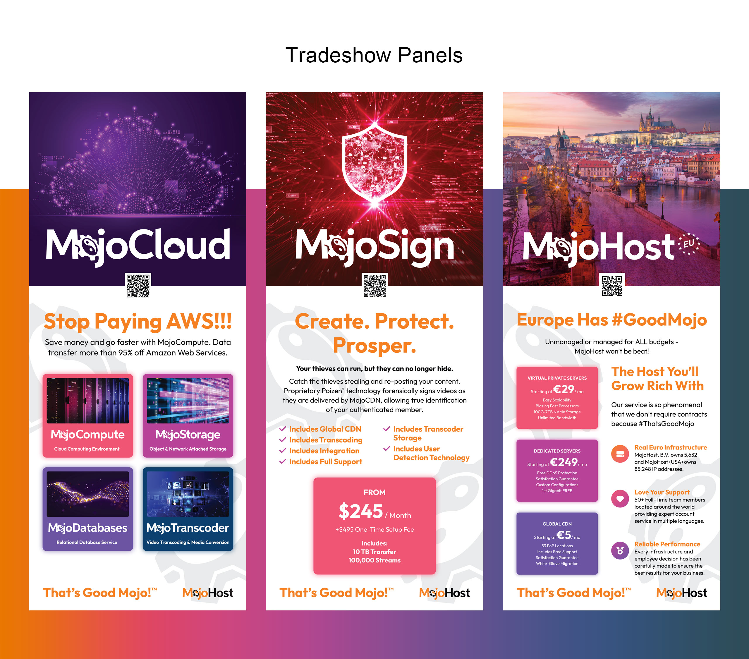 Panels on triangle banner stand for tradeshow