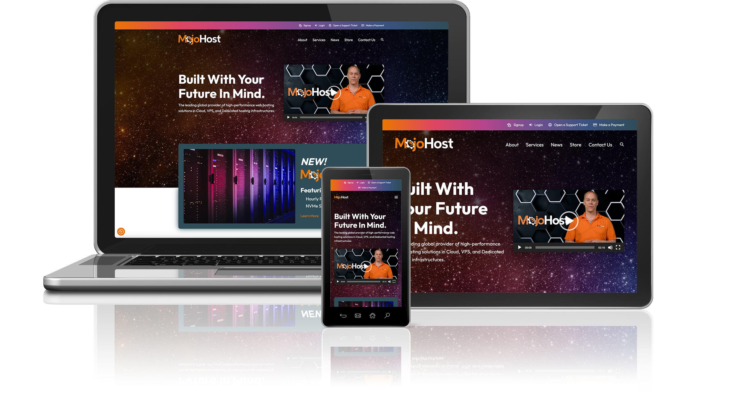 MojoHost Website - Desktop, Tablet, and Smartphone devices with website on screens