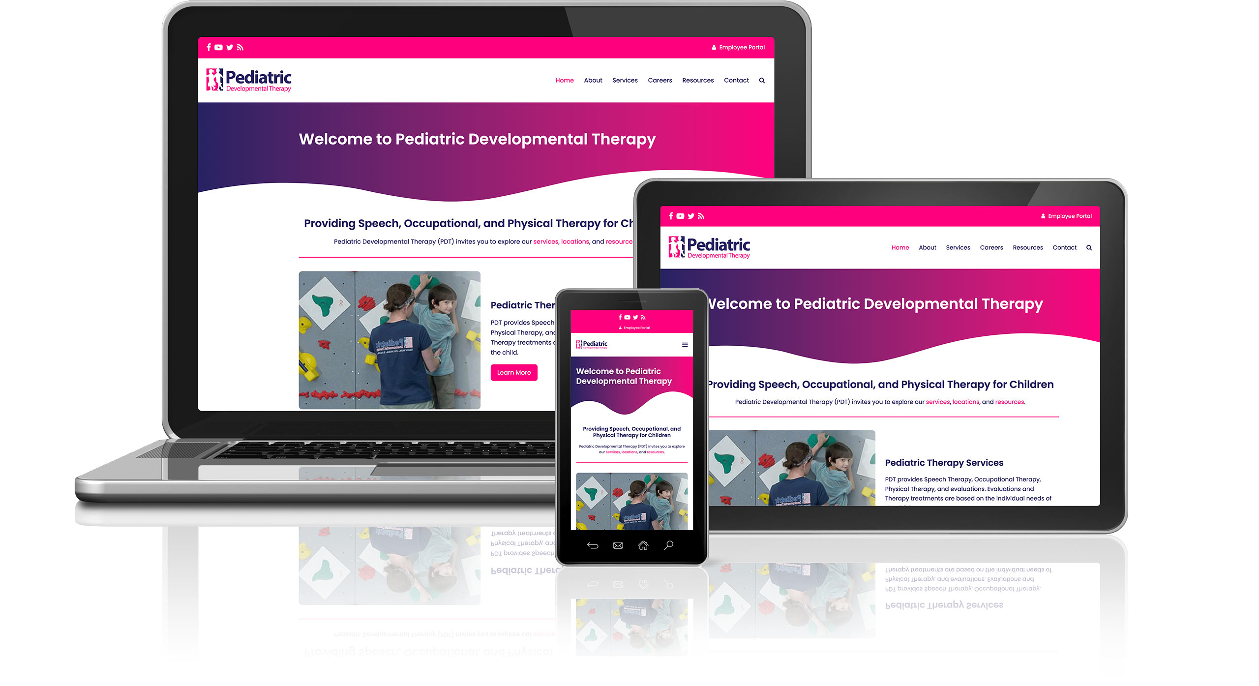 Graphic showing Pediatric Developmental Therapy website on laptop, tablet, and smart phone