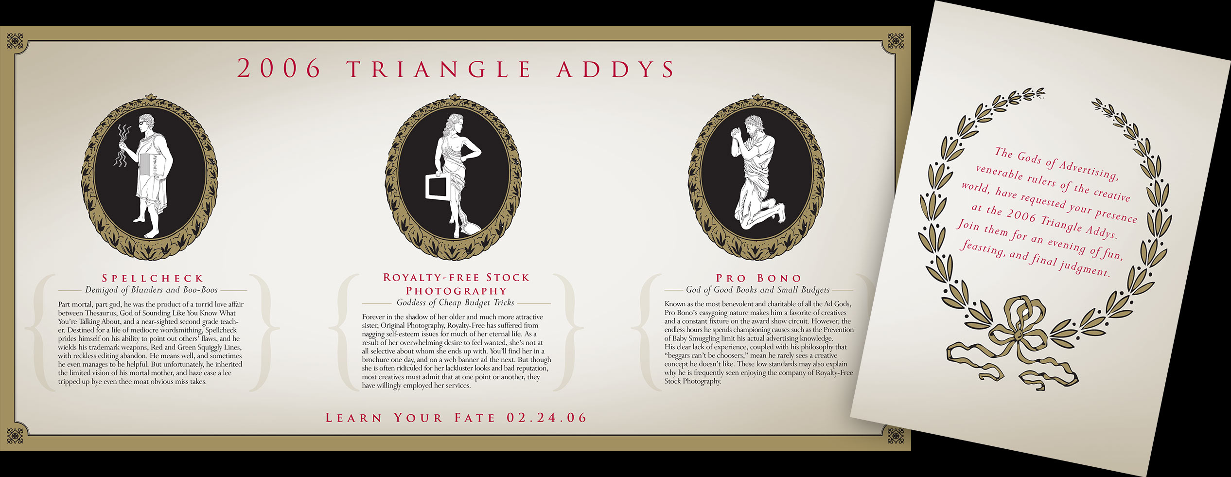 Invitation showing 2006 Triangle Addys logo and creative in dark red, black, and metallic gold