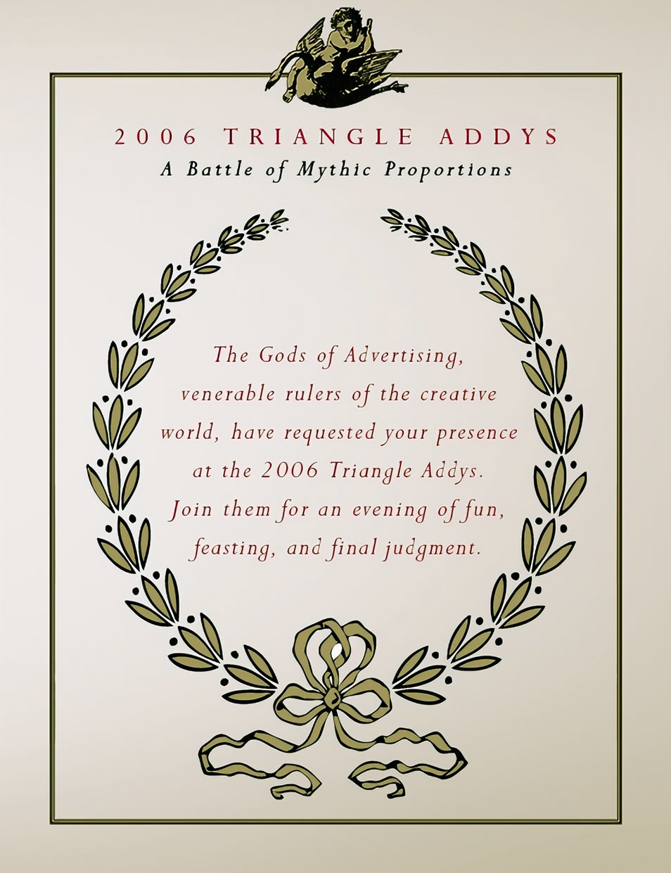 Invite email showing 2006 Triangle Addys logo and creative in dark red, black, and metallic gold