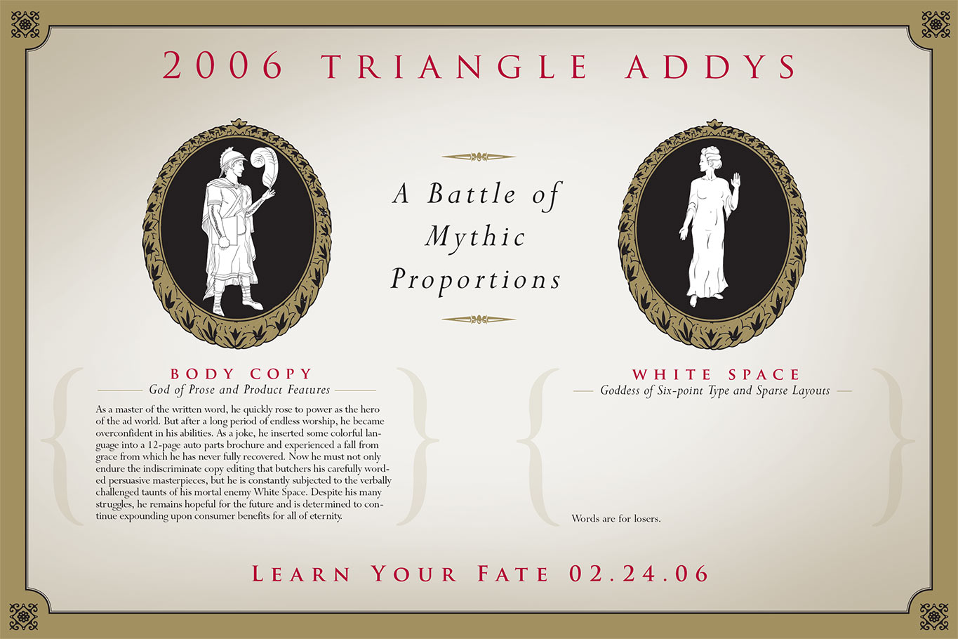 Postcard showing 2006 Triangle Addys logo and creative in dark red, black, and metallic gold