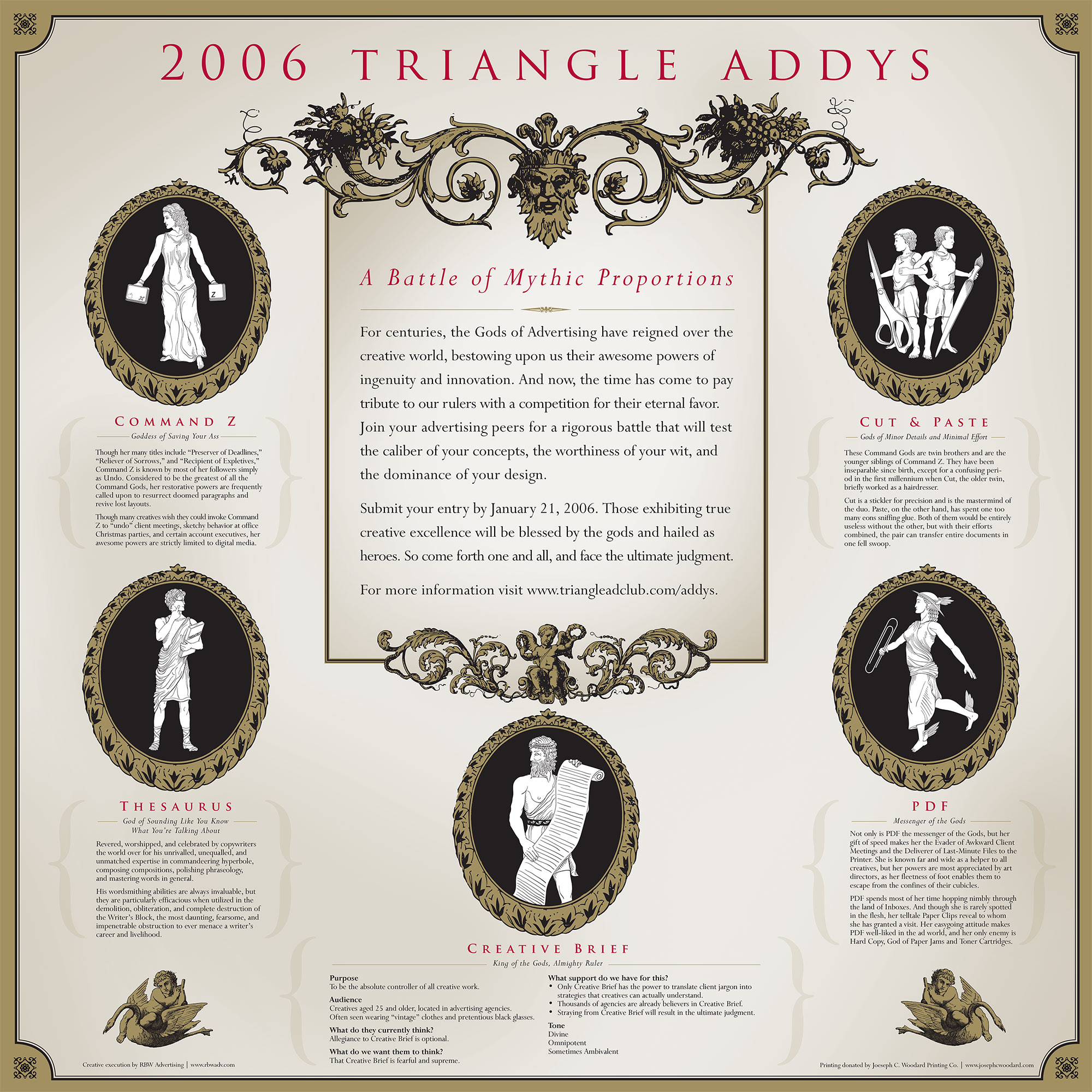 Poster showing 2006 Triangle Addys logo and creative in dark red, black, and metallic gold