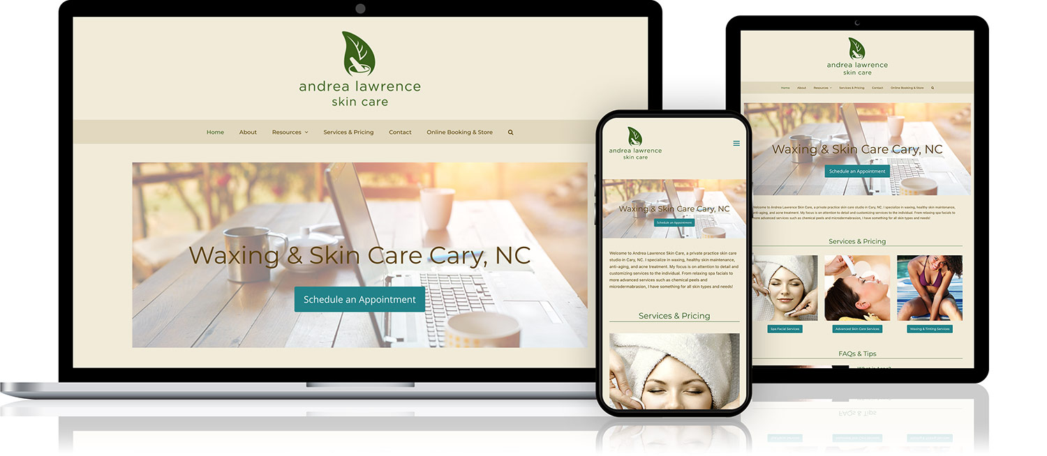 Photo showing the Andrea Lawrence Skin Care website on a laptop, tablet, and phone