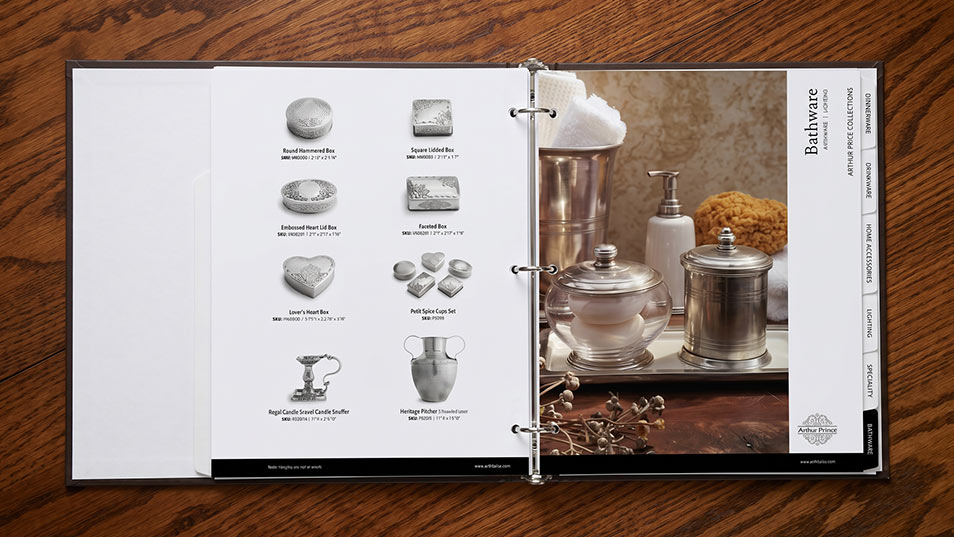 Photo of Arte Italica Bathware section of print catalog on oak table