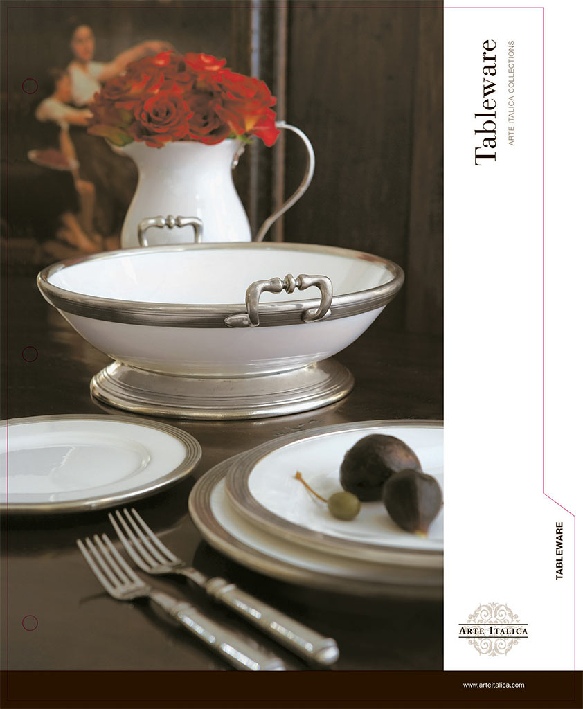 Layout of Arte Italica Tableware tab divider of print catalog on oak table