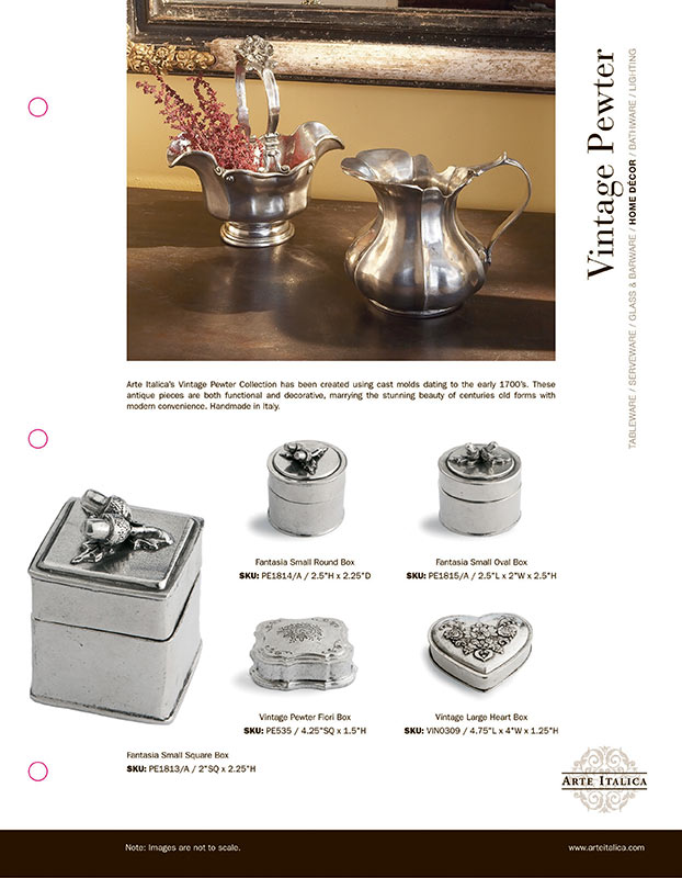 Layout of Arte Italica Vintage Pewter collection in print catalog