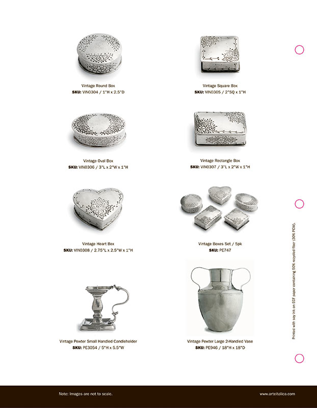 Layout of Arte Italica Vintage Pewter collection in print catalog