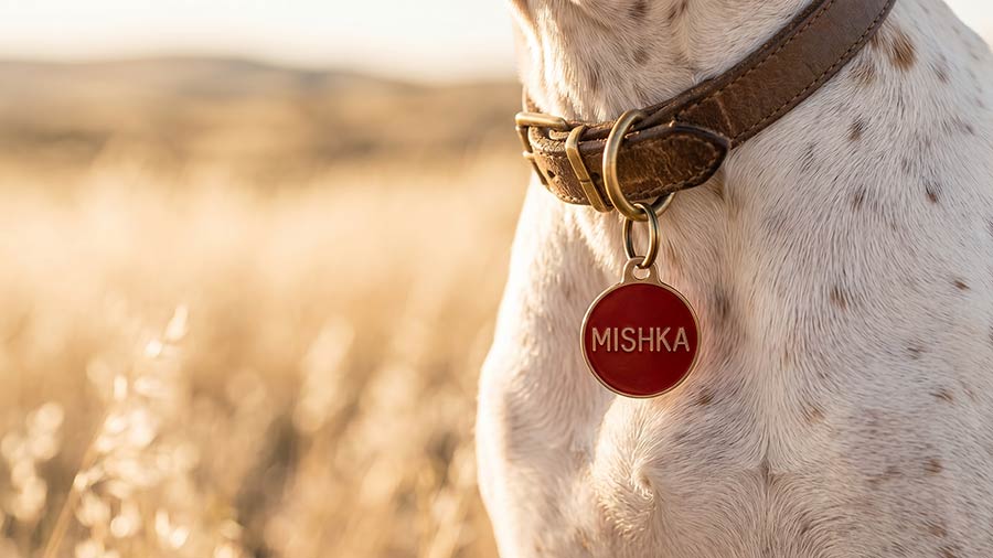 Closeup photo of a dog's collar with round red ID tag that says "Mishka"