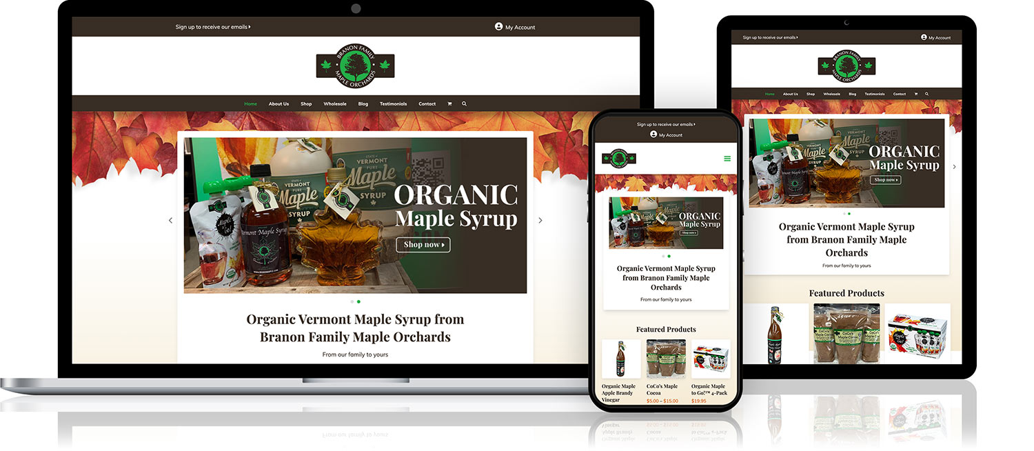 Graphic showing Branon Family Maple Orchards website on laptop, tablet, and phone