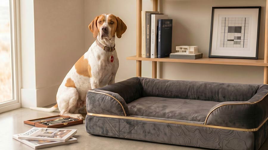 Photo of a dog sitting by a dog bed and some design books and art pencils