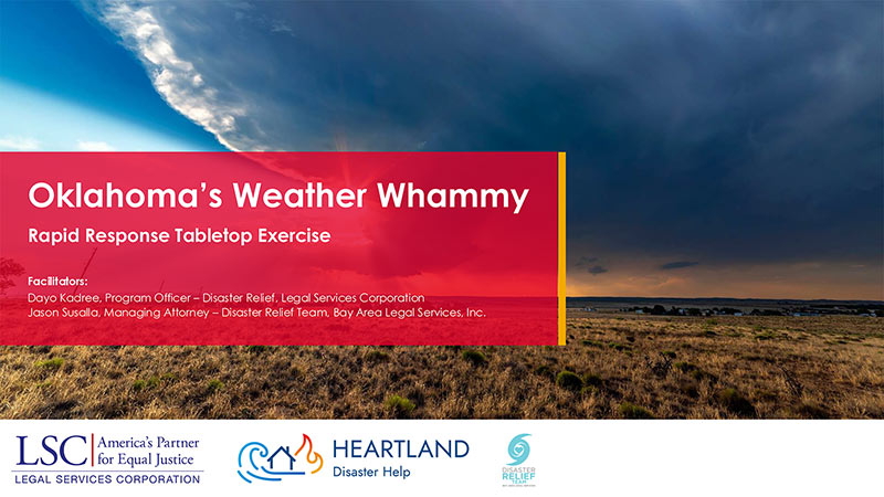 Heartland Disaster Help branded PowerPoint slide layout showing photo of approaching storm with overlaying red box and white sans-serif type