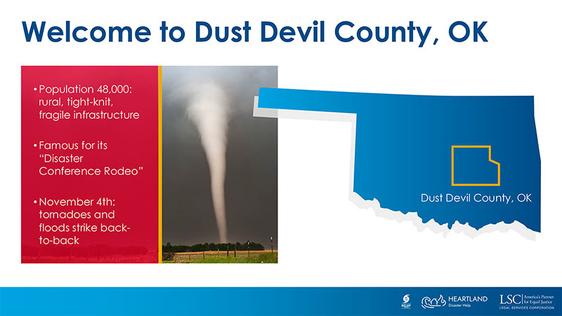 Heartland Disaster Help branded PowerPoint slide layout showing photo of a tornado and a map and facts about Oklahoma