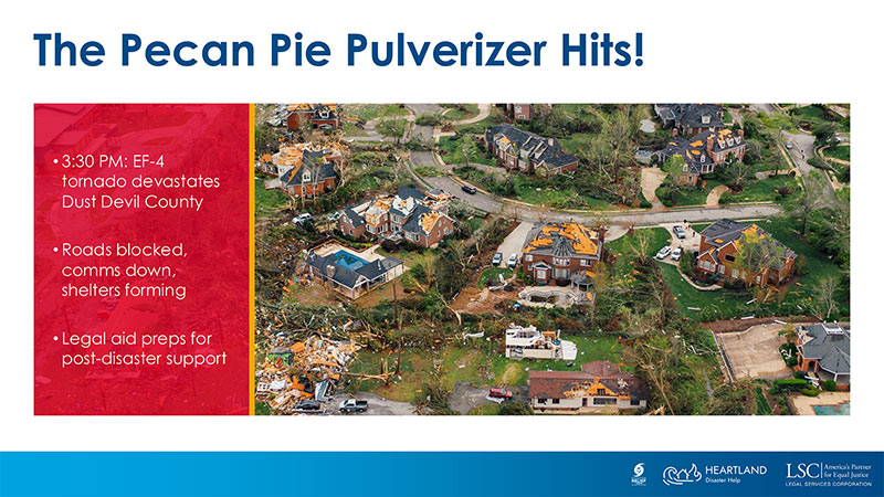 Heartland Disaster Help branded PowerPoint slide layout showing photo of tornado damage and facts about Oklahoma