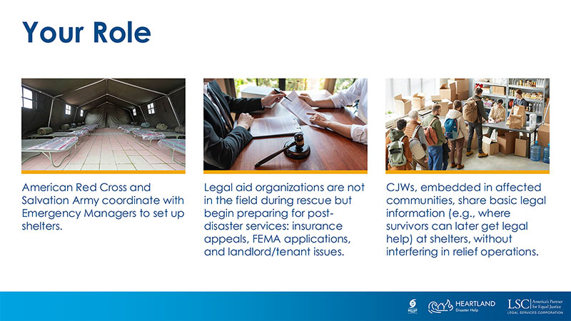 Heartland Disaster Help branded PowerPoint slide layout showing three photos with descriptions of response tornado damage in Oklahoma