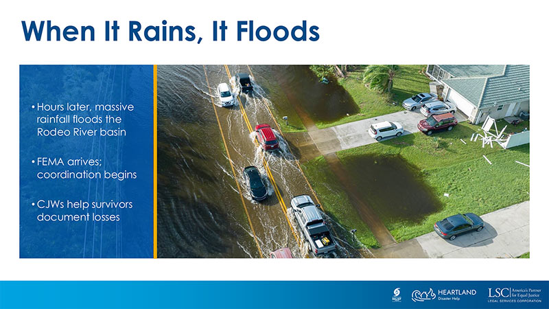 Heartland Disaster Help branded PowerPoint slide layout showing photo of a flooded road with timeline of response to tornado in Oklahoma