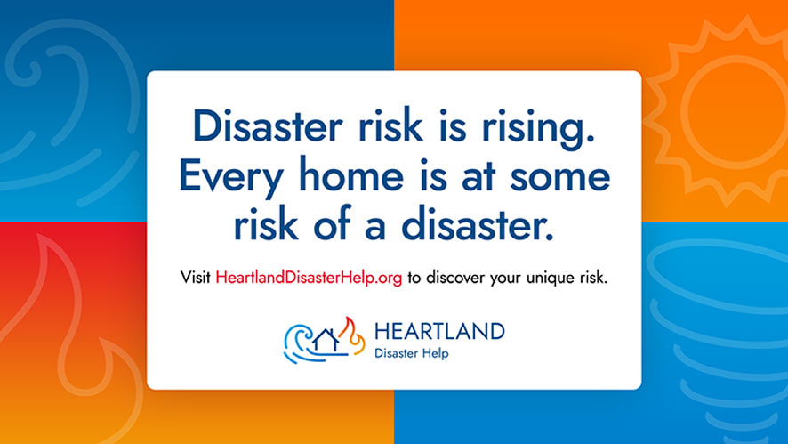 Graphic showing dark blue, black, and red sans-serif type and the Heartland Disaster Help logo inside white rectangle over background of weather icons over blue and red-orange gradients