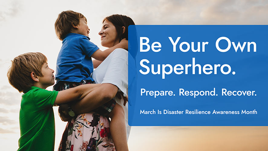 Graphic showing photo of mother with her two sons with overlaying blue transparent rectangle and white sans-serif type