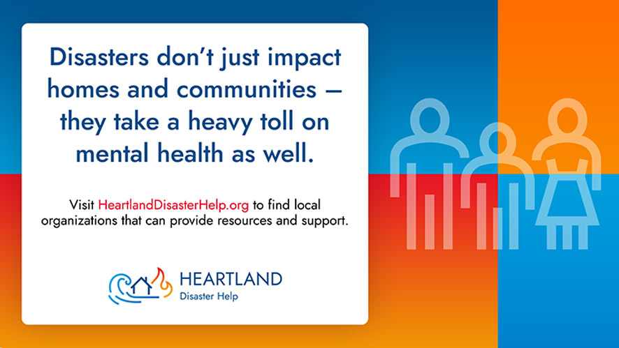 Graphic showing dark blue, black, and red sans-serif type and the Heartland Disaster Help logo inside white rectangle over background of family icon over blue and red-orange gradients