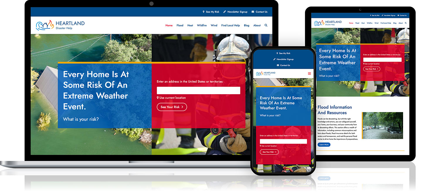 Graphic showing Heartland Disaster Help website on laptop, tablet, and phone
