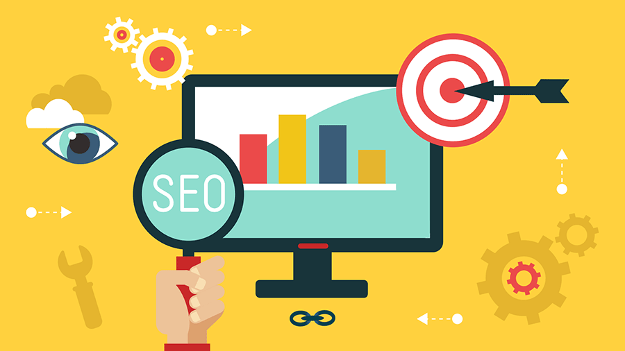 Illustration of desktop monitor showing chart with SEO related icons hovering around it and a hand holding a magnifying glass on yellow background