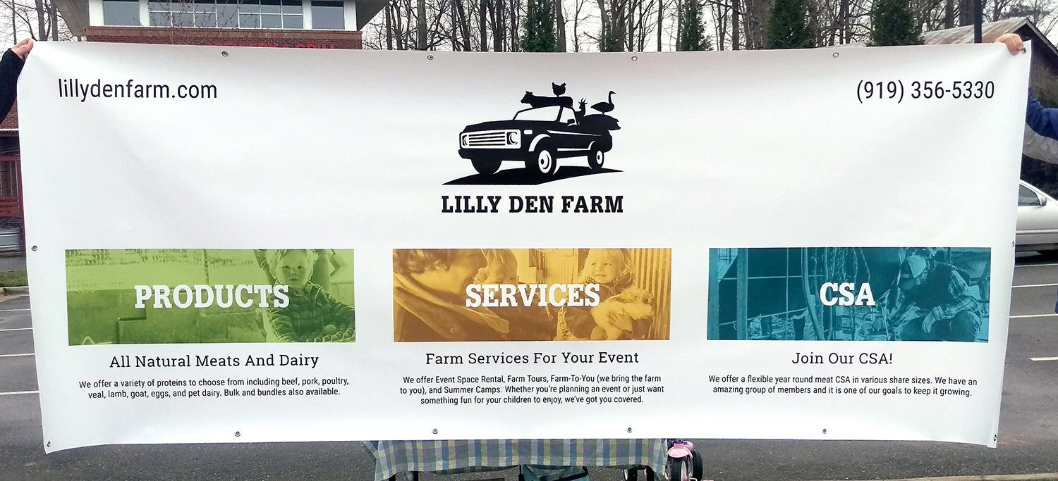 Photo of Lilly Den Farm outdoor vinyl tent banner