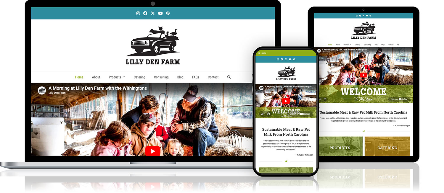 Graphic showing Lilly Den Farm website on laptop, tablet, and phone