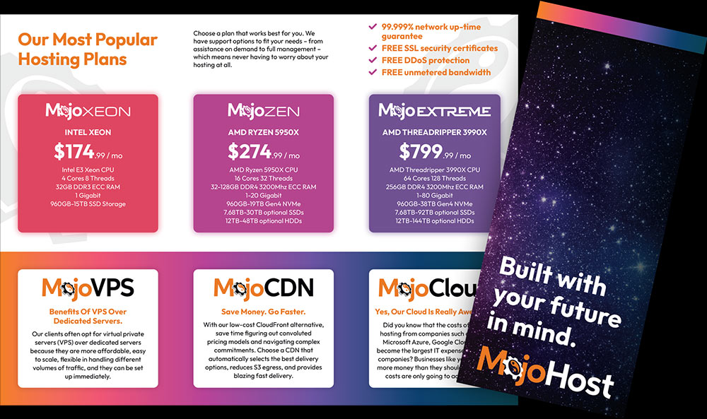Layout of branded MojoHost brochure showing cover and inside spread