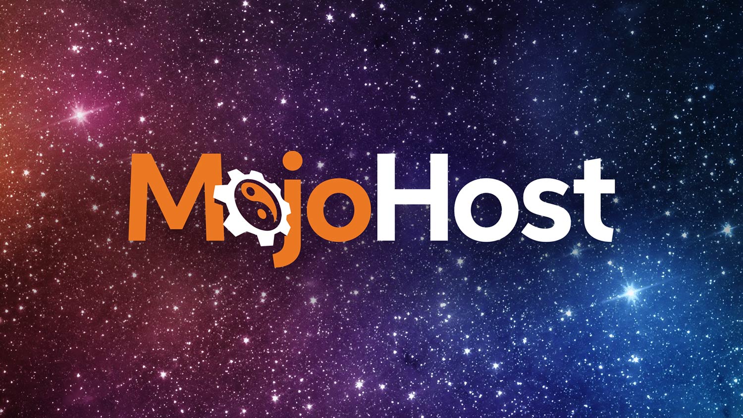 Photo of the starry universe with overlaying full color spectrum and MojoHost logo