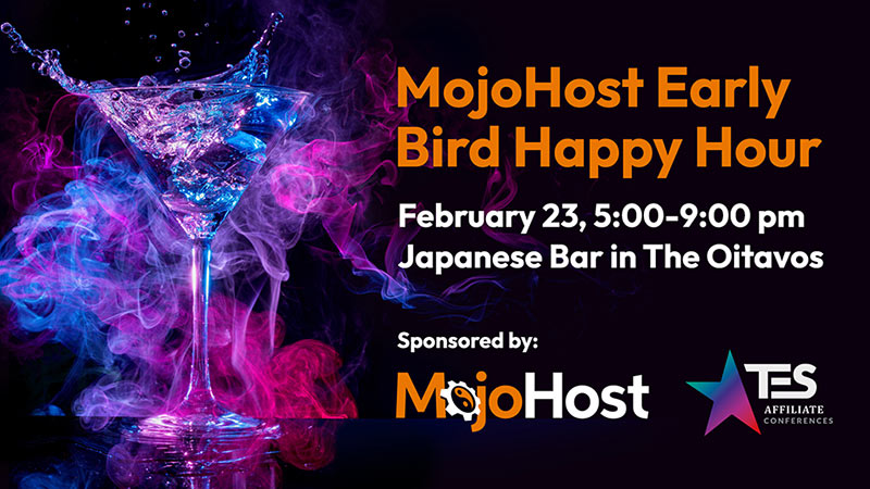 Layout of branded MojoHost social graphic for tradeshow happy hour with orange and white sans-serif type and martini glass