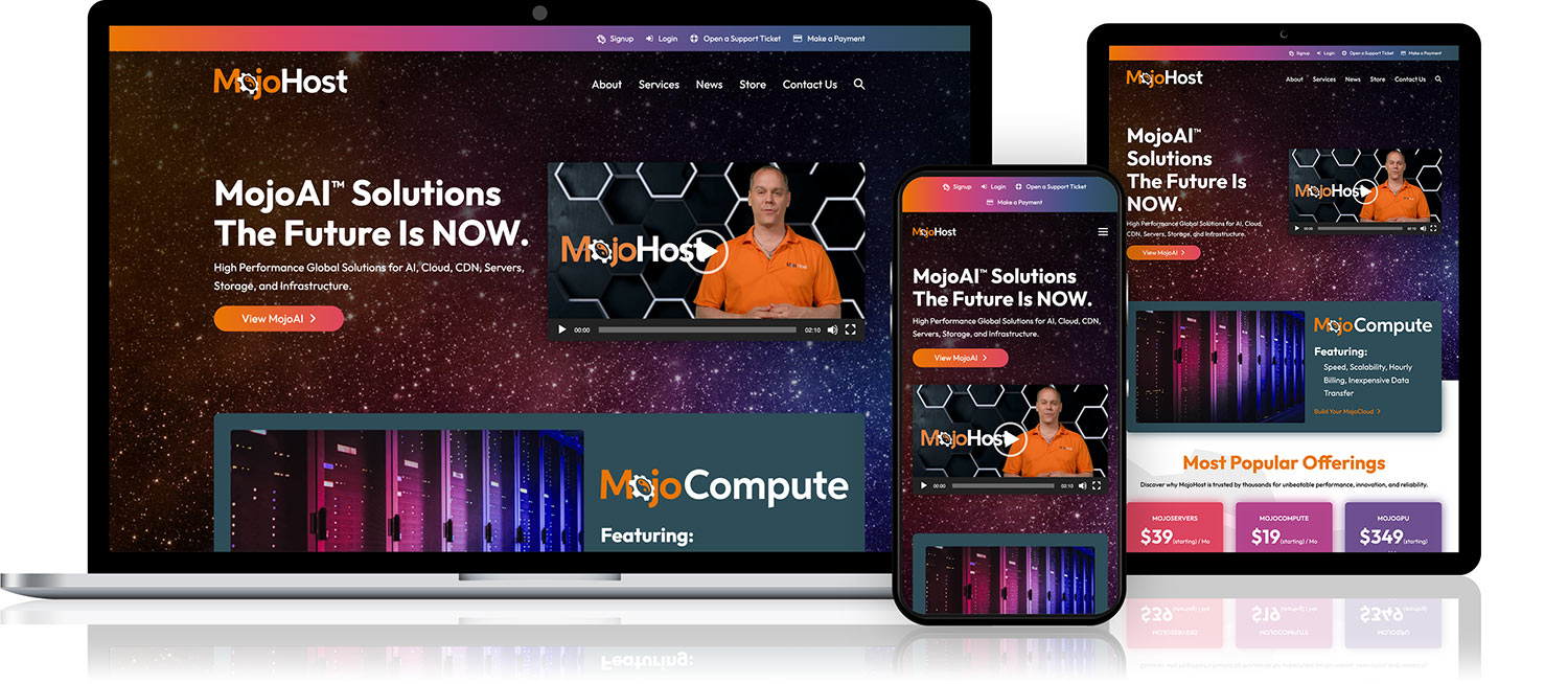 Graphic showing MojoHost website on laptop, tablet, and phone