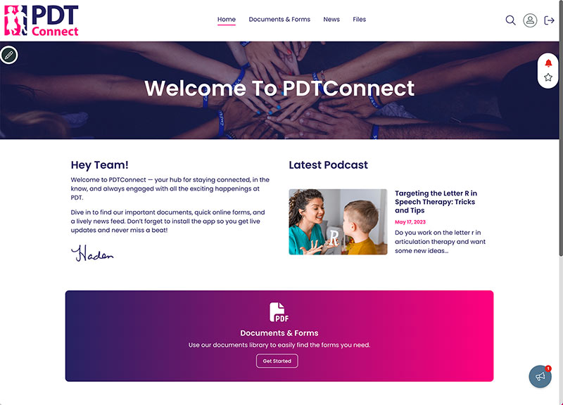 Graphic showing screenshot of Pediatric Developmental Therapy intranet