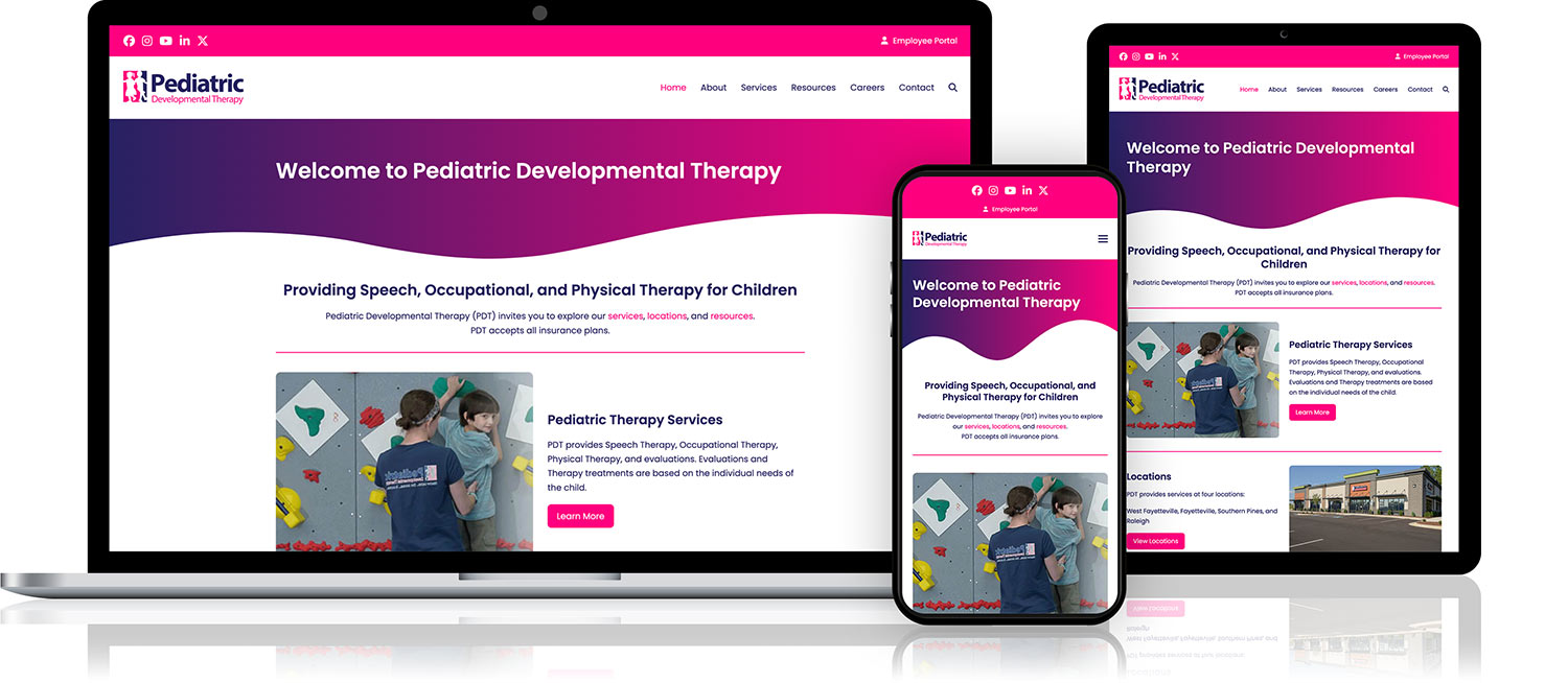 Graphic showing Pediatric Developmental Therapy website on laptop, tablet, and phone