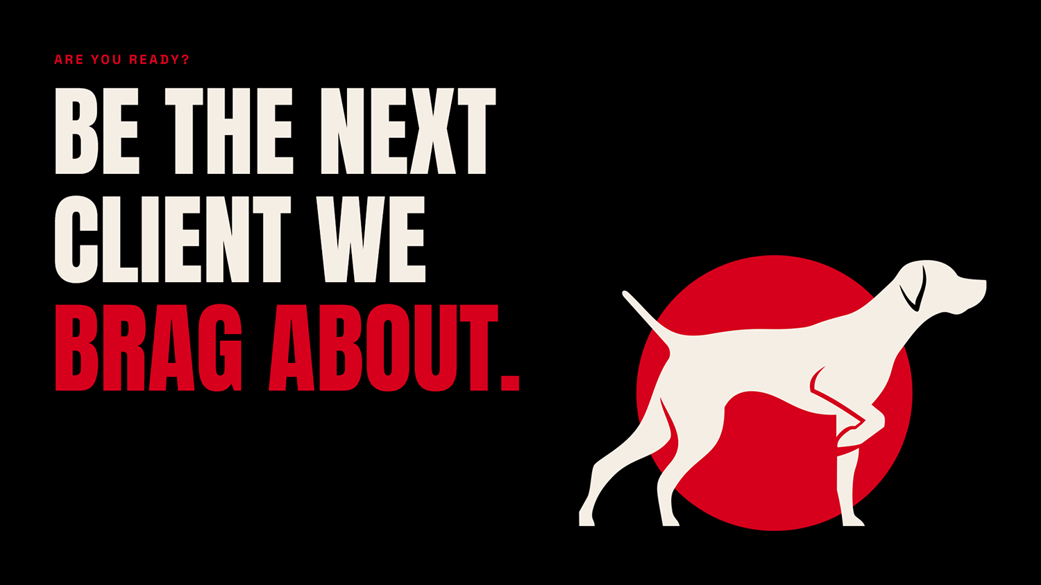 Graphic showing Pointer Advertising logo with cream dog icon over red circle and red and cream sans-serif type